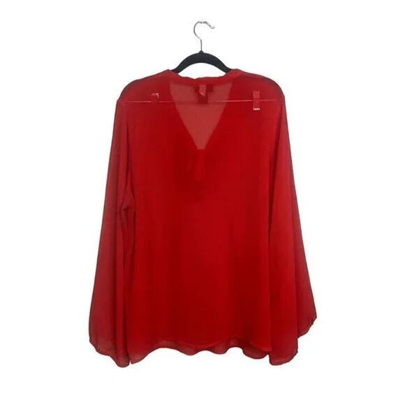 Lane Bryant Sheer Long Sleeve Flowy Lightweight Tie Neck Blouse 18 20 Red #2965 - Picture 13 of 15